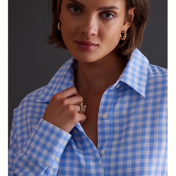 Favorite Daughter Gingham Ex-Boyfriend Oversized Button Down Medium Blue White - Picture 2 of 11